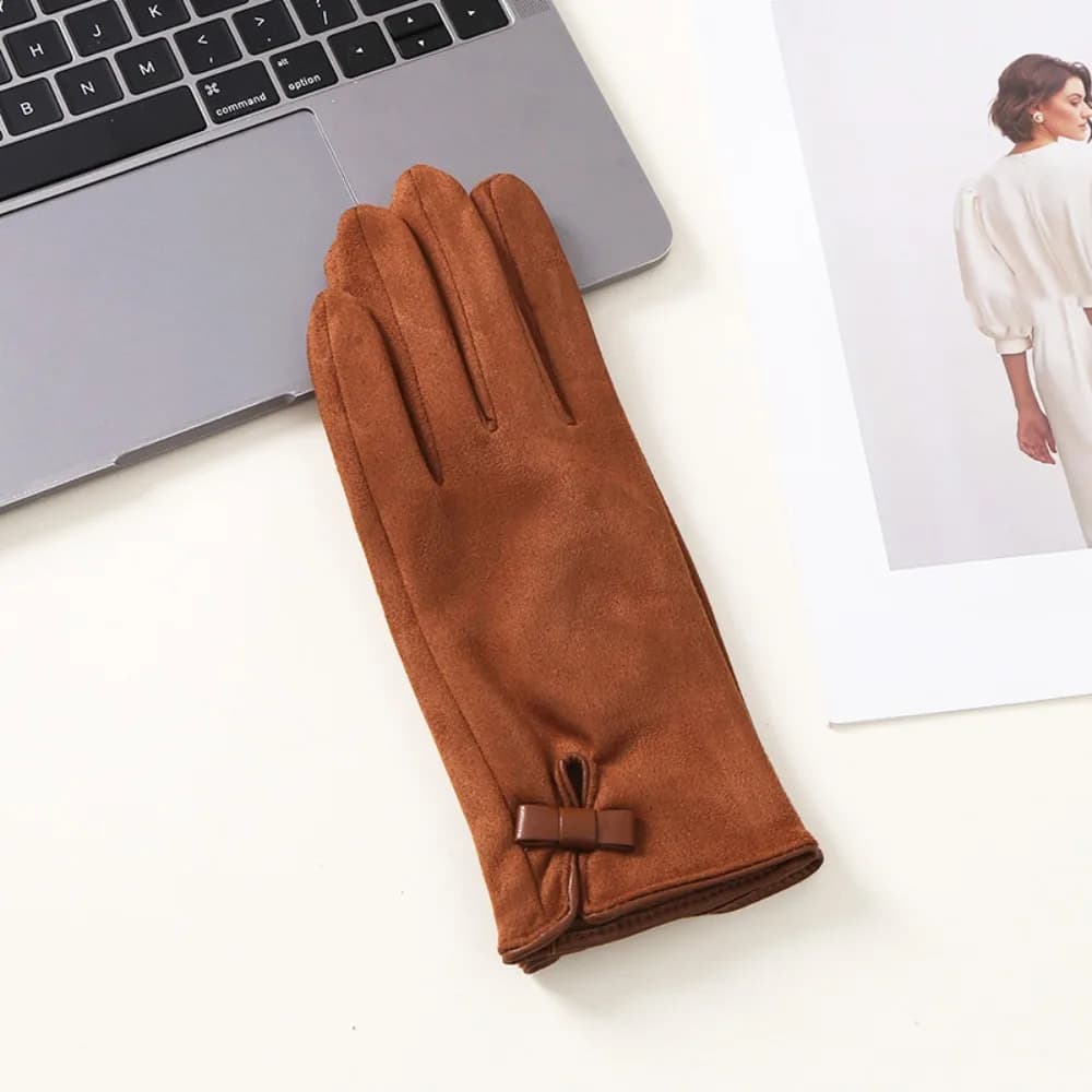 Velvet and Suede Leather Gloves with bow, soft and thick, Waterproof, Touch Screen, for Woman, Autumn/Winter