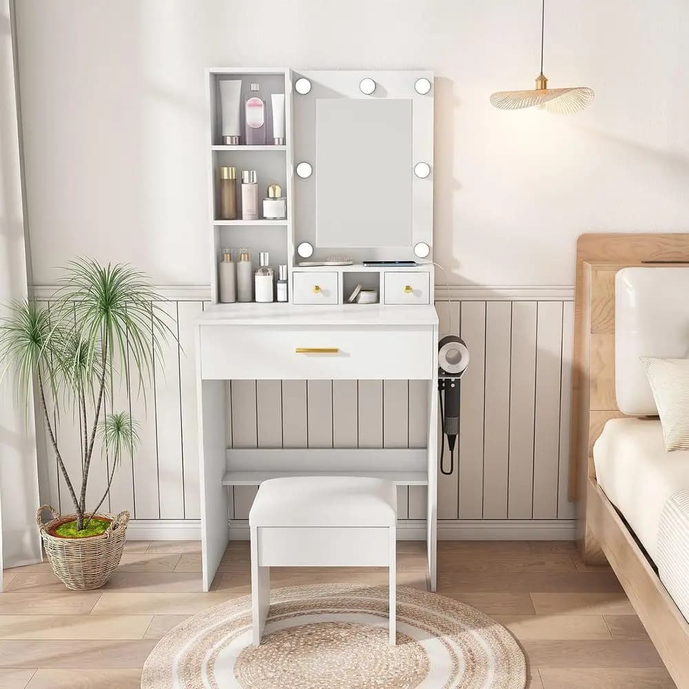 Toeletta Bianca con Specchio e Luci LED Regolabili - Presa di Corrente Integrata, Porta Asciugacapelli e Sgabello Imbottito, Compatta