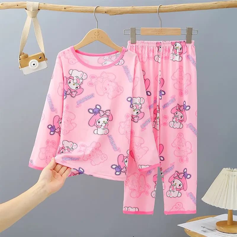 Pigiama per Bambini Kawaii Sanrio, Design con Stampa Integrale di Personaggi Carini, Maglietta a Maniche Lunghe e Pantaloni con Elastico in Vita, Set 2 Pezzi per Casa