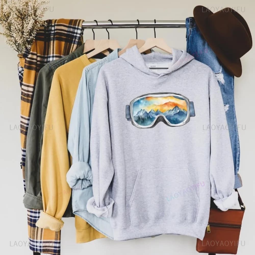 Occhiali da sci Felpa Stile acquerello Grafica Occhiali da sci unisex Uomo Felpa con cappuccio Snowboard Sciatore Regalo Sport invernali Donna Pullover