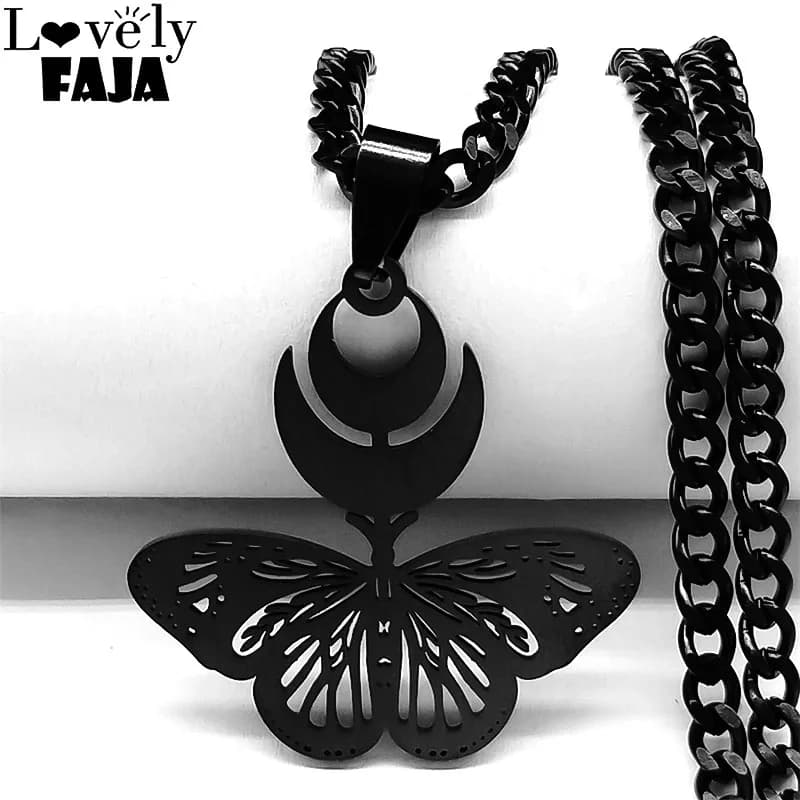 Witchcraft Goth Moon Butterfly Snake Crescent Cuban Chain Necklaces Stainless Steel Black Choker Necklace Jewelry Collier N8552
