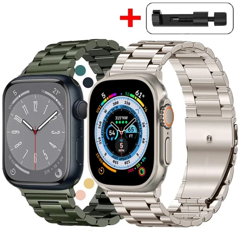 Stainless Steel Three-Bead Watch Strap for Apple Watch 44 45mm 38 40 4149 42mm Band Metal Wristband for iWatch 9 8 SE 7 6 5 4 3