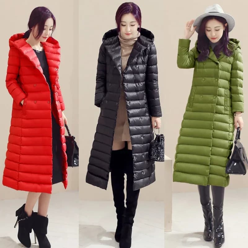 Piumini ultraleggeri da donna Slim con cappuccio extra lunghi da donna Cappotti imbottiti in piuma d'anatra bianca Parka caldo in piuma d'anatra con cintura JK-613
