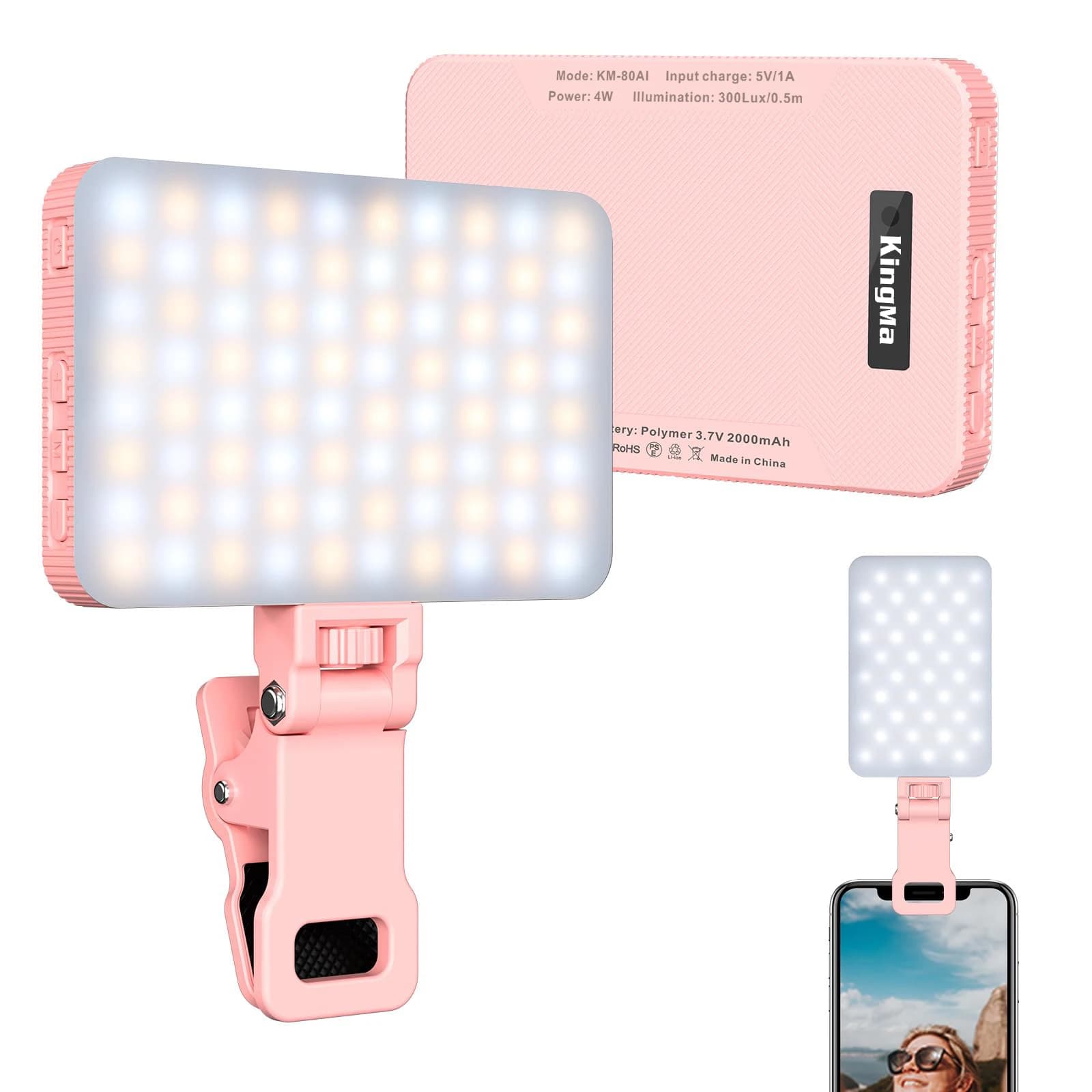 King Ma Pink ricaricabile Selfie Light-Clip portatile su luce Video per telefono/Laptop/per Selfie/trucco/videoconferenza/TikTok