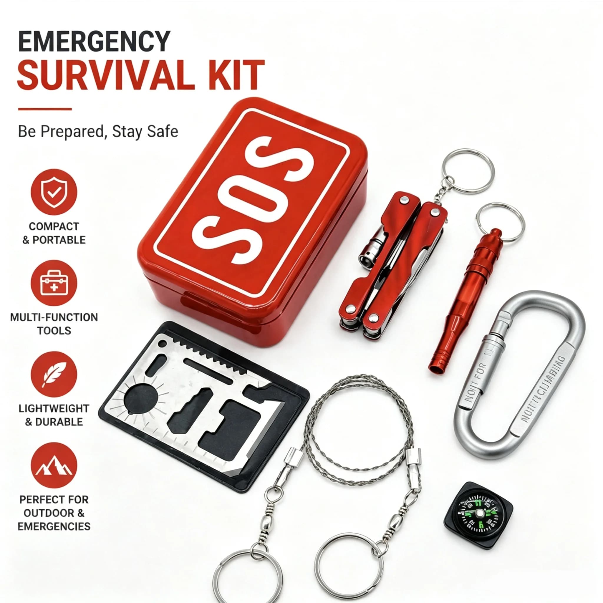 Outdoor Emergency Survival kit Folding Plier, Equipped with Compass and Whistle, Portable Gear for Camping Hiking Hunting Trip