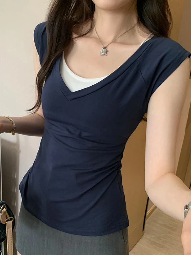 T-shirt in cotone a maniche corte da donna, scollo a V, casual, bianca, basic, stile coreano, abbigliamento estivo, Ropa De Mujer 2026
