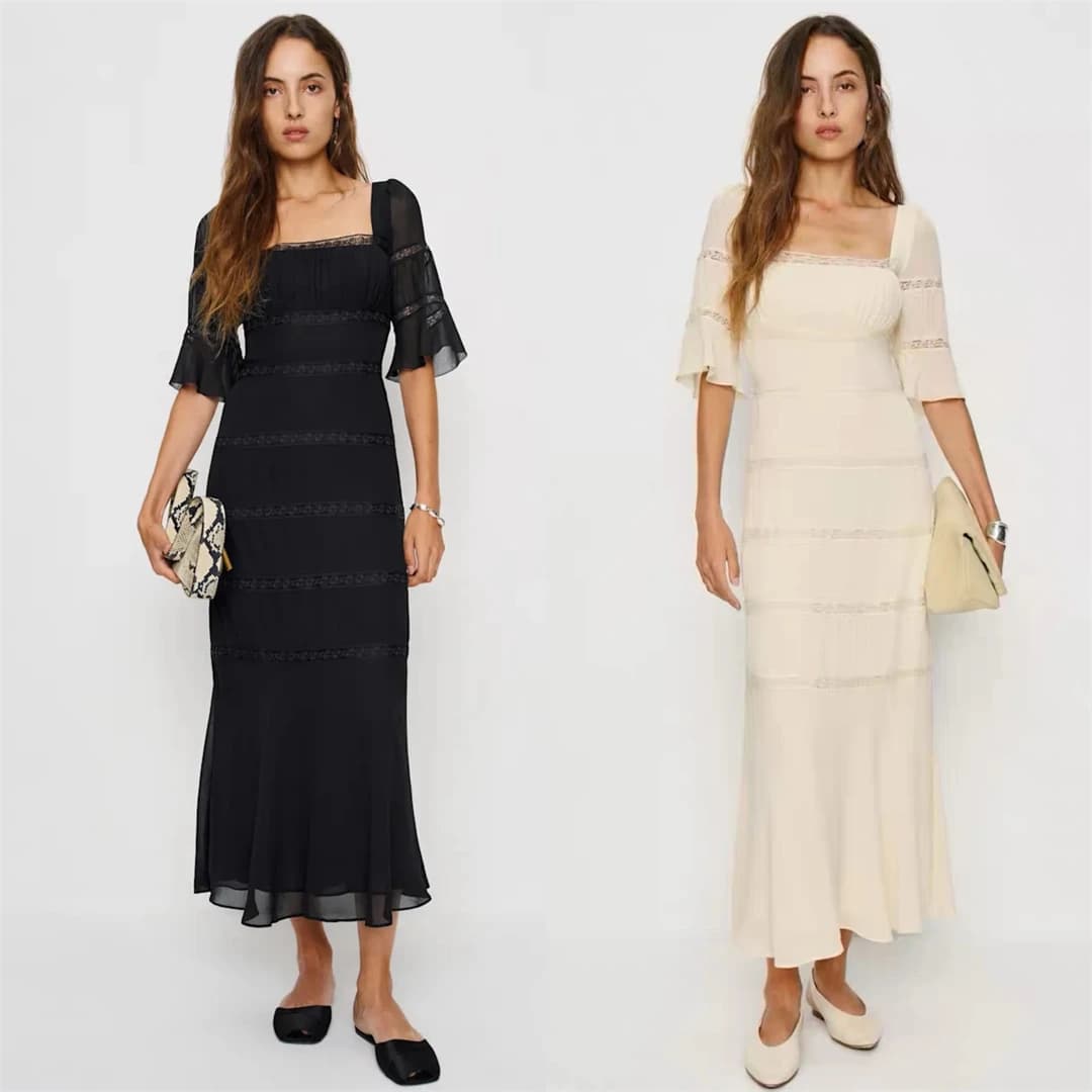 Romantic Fish Tail New York Refo Dress Lace Paneling Waist Cinching Long Skirt Vintage Style High Waist Soft Viscose Low Stre...
