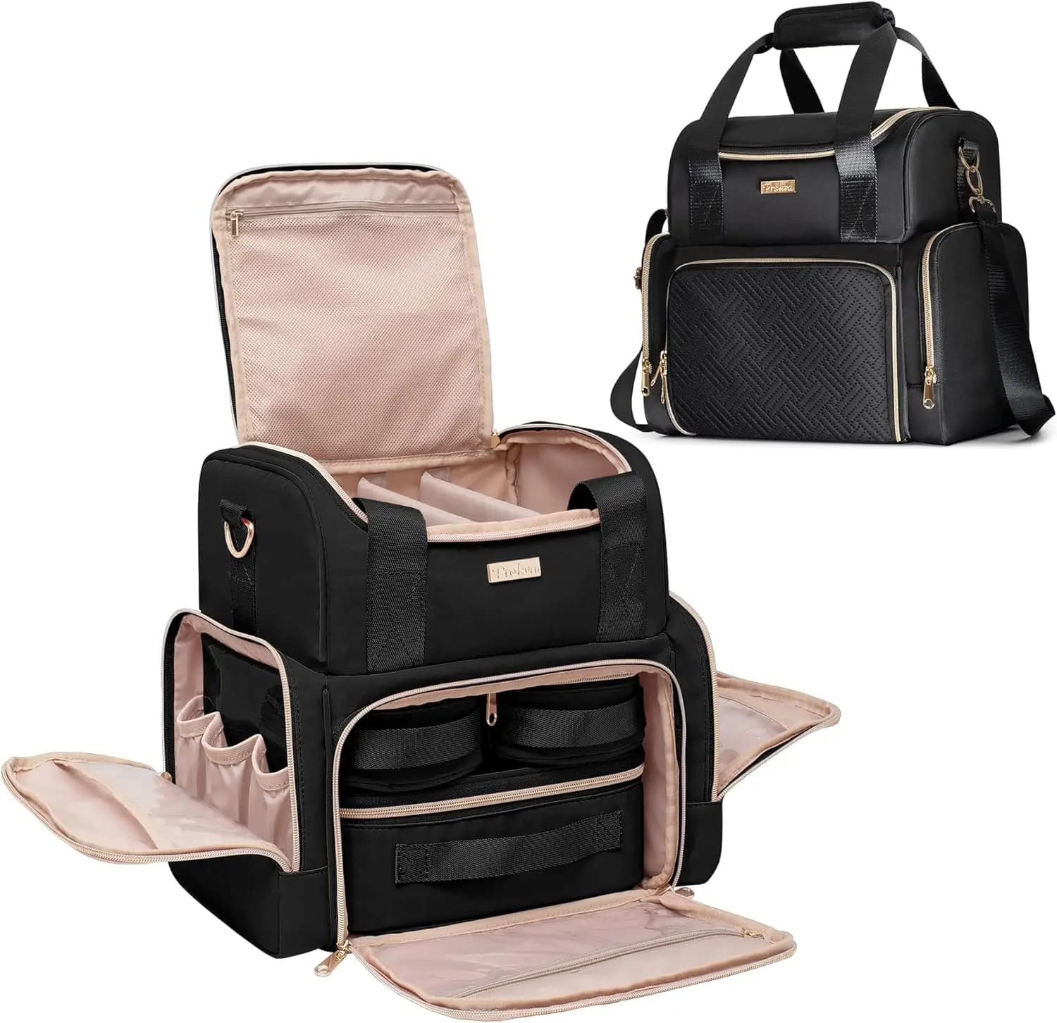 Large travel bag for cosmetics with 3 removable cases, double layer organizer for makeup and essential brushes, black