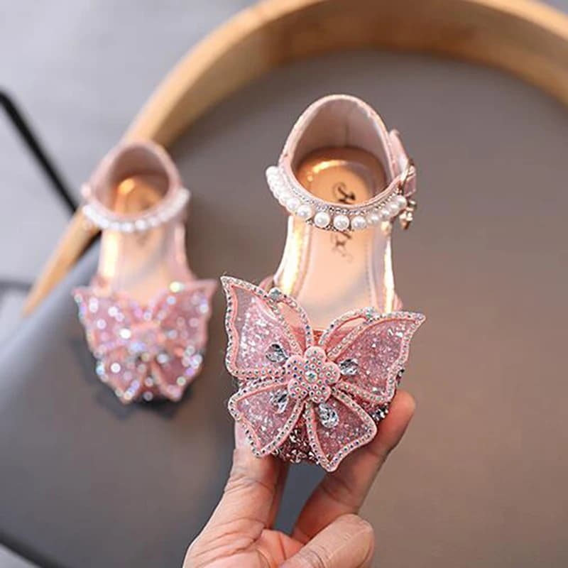 Sandali per ragazze estive Moda Paillettes Fiocco con strass Scarpe da principessa per ragazze Scarpe per bambina Sandali con tacco piatto Taglia 21-35 SHS104