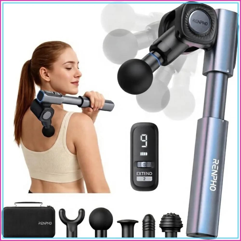 Foldable Massage Gun with Extension Handle for Back, 0-90° Adjustable Angle, Handheld Percussion Deep Tissue Massager with 9mm Amplitude for Pain Relief, Gifts for Men Women