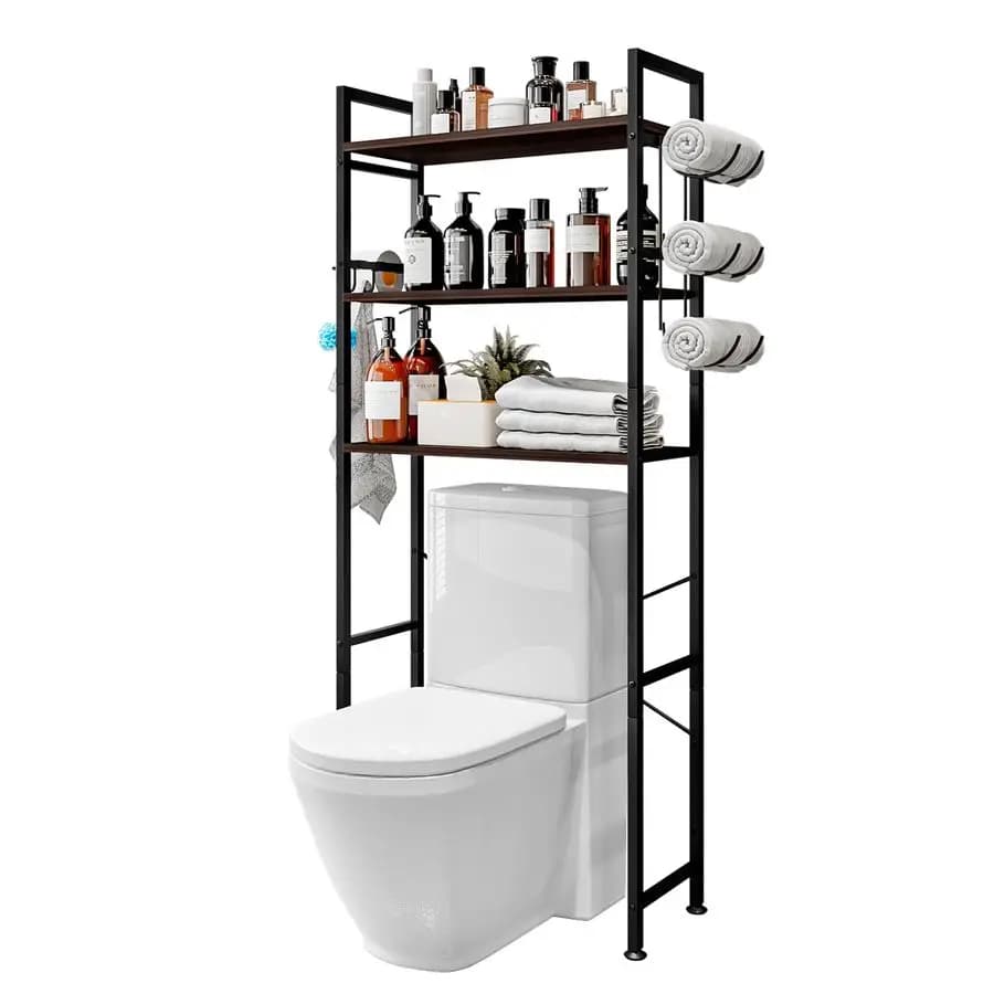 Scaffale portaoggetti per WC a 3 livelli, organizer da bagno salvaspazio da posizionare sopra il WC, autoportante con 10 ganci multifunzione