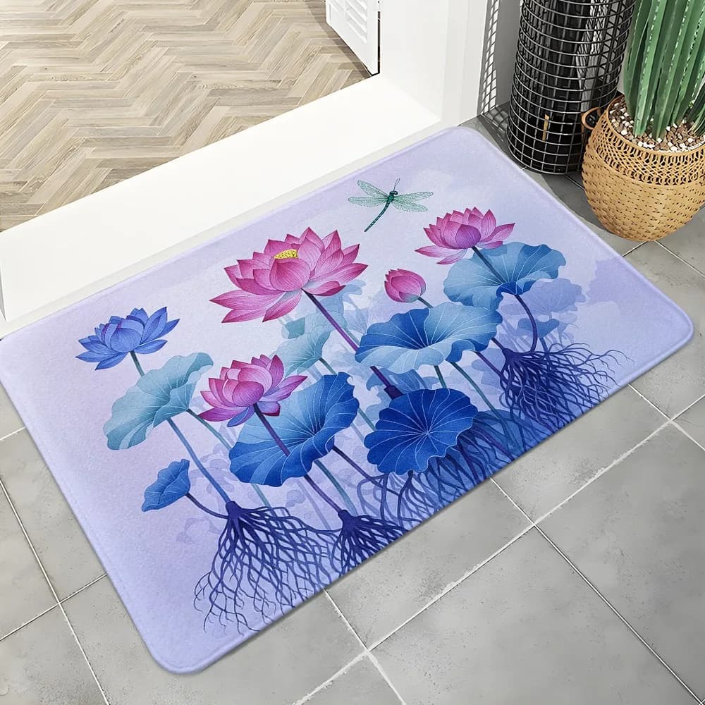 Graceful Lotus Pond Doormat Dragonfly Accent Oriental Art Rug Non-Slip Entryway Mat for Zen Space
