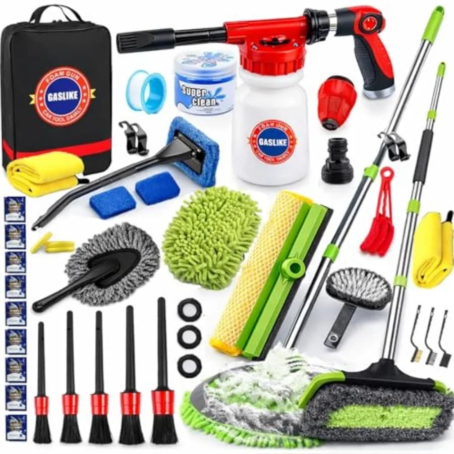 Kit per la pulizia dell'auto per uso esterno, in plastica resistente e acciaio inossidabile, nero e argento, 63 pezzi con spazzola a manico lungo e schiuma.
