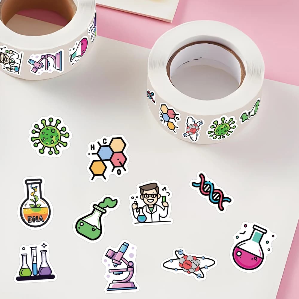500 Pezzi/Rotolo Adesivi a Tema Chimico e Cartoni Animati, Bottiglie Farmaceutiche, Microscopi, Scienziati, Batteri, Creativi e Divertenti per Scrapbook e Telefono