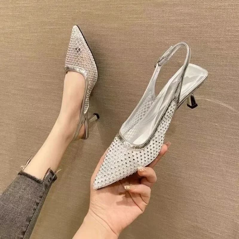 2026 Spring and Autumn Mesh New Pointed Toe Splicing Spring Temperament Rear Empty Fine Shallow Mouth Fashion Sandals