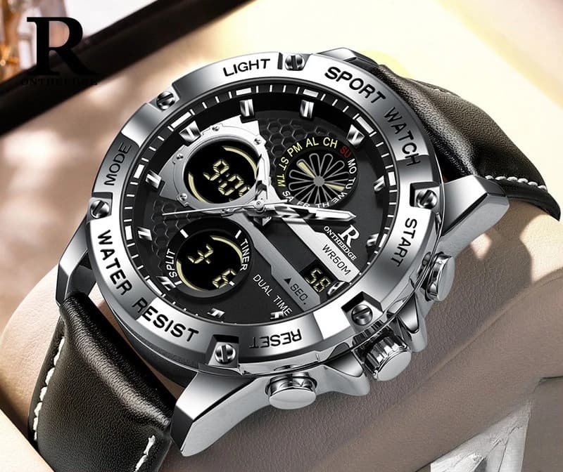 Fashionable men's quartz watch with large dial and double display, genuine leather strap, water resistant casual wristwatch