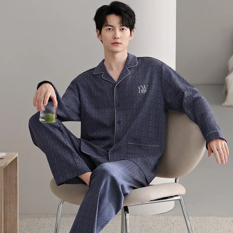 High Quality Big Size M-4XL Men Pajamas Set 100% Cotton Sleepwear Male Autumn Long Sleeve Turn-down Collar Pyjamas