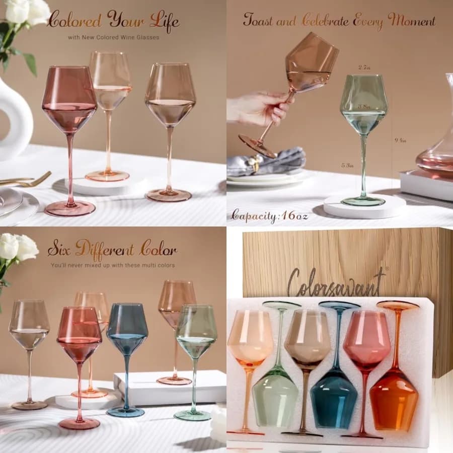 Set di 6 Calici da Vino Colorati - Bicchieri da Vino con Stelo da 16OZ, Soffiati a Mano, Set Colorato di Calici da Vino, Regalo per la Mamma