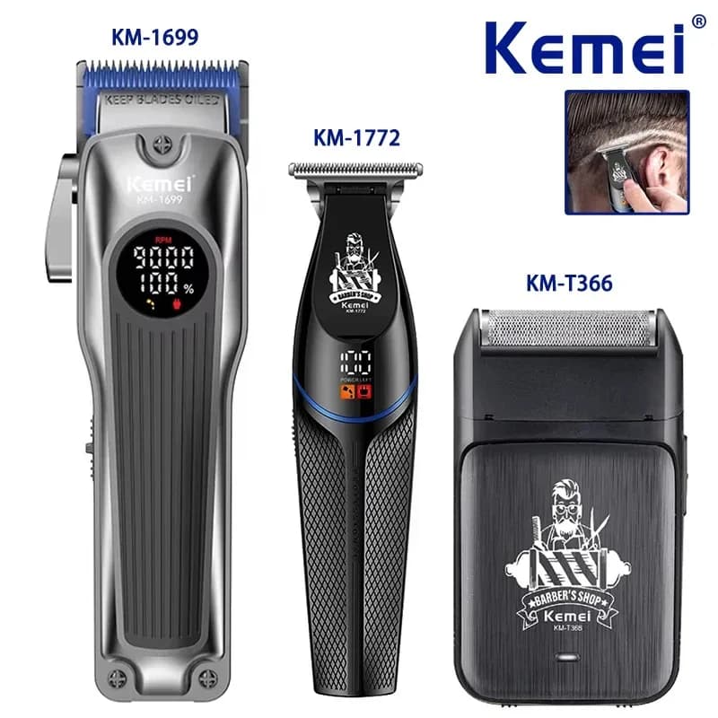 Tagliacapelli Elettrico Kemei KM-1699, Regolabarba Ricaricabile USB KM-1772, Rasoio da Uomo KM-T366, Macchina per Taglio Capelli Senza Fili 9000rpm