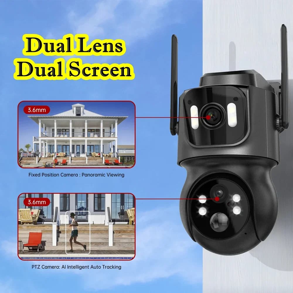 Telecamera solare Wifi 4K Telecamera wireless di sicurezza per videosorveglianza esterna a 2 obiettivi e 2 schermi con batteria da 7800 mAh Amazon Alexa