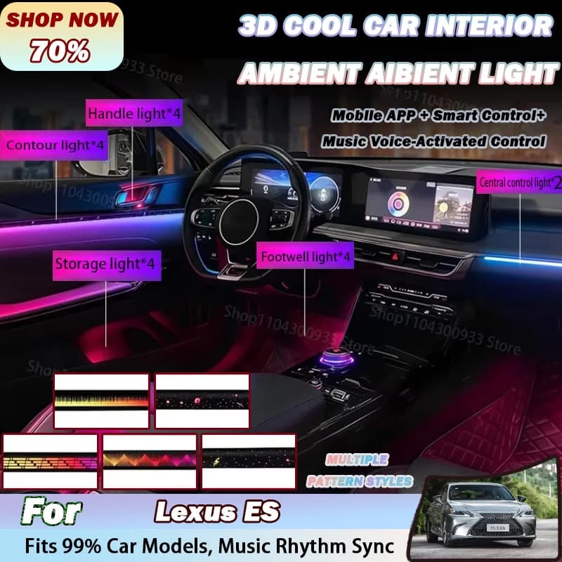 For Lexus ES LED Car Interior Ambient Strip Lights RGB Fiber Optic Atmosphere Neon Lighting Decorative Lamps