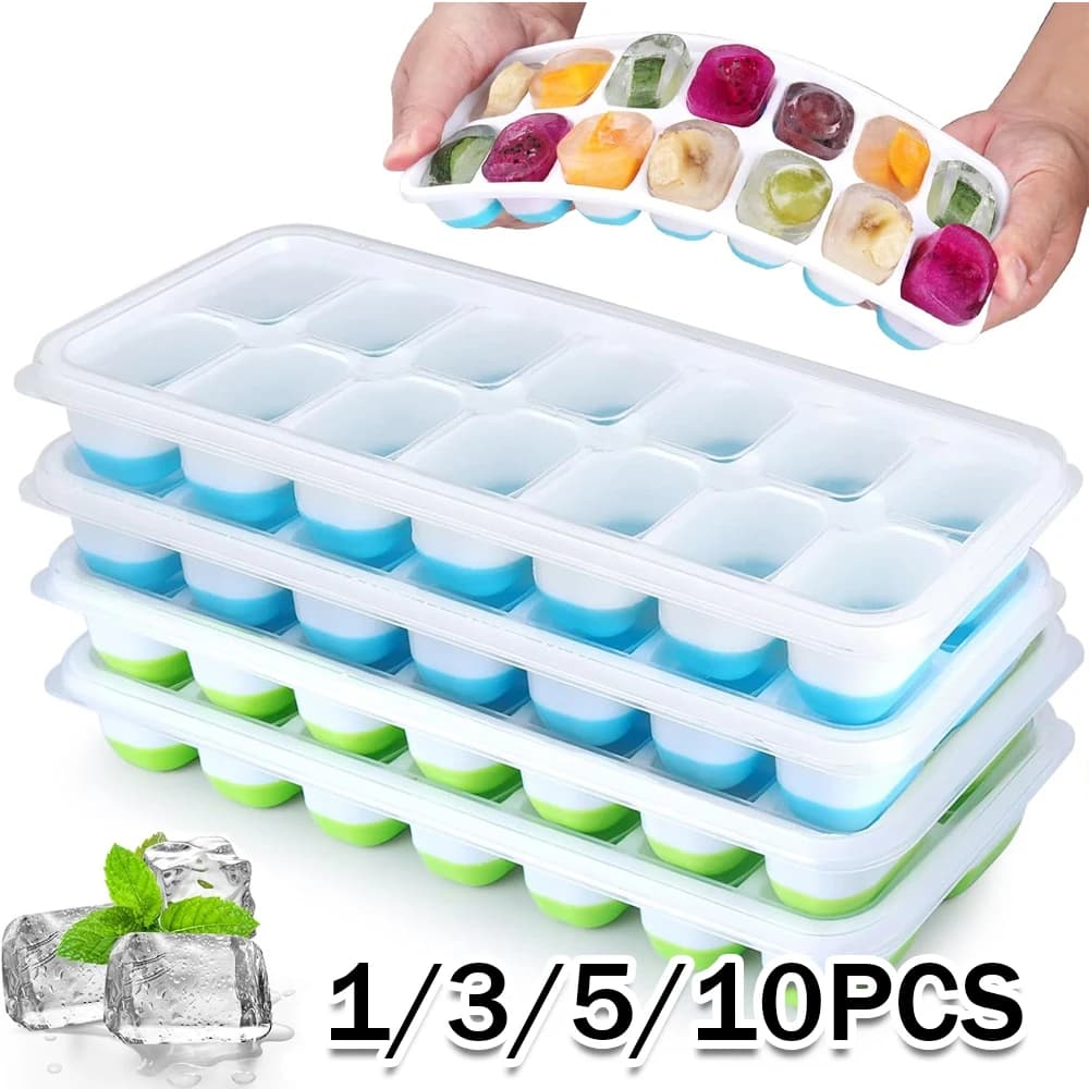 Stampo per Cubetti di Ghiaccio in Silicone Riutilizzabile, 14 Scomparti, 1-10 Pezzi, per Ghiaccio alla Frutta, con Vassoi Rimovibili e Coperchi per Congelatore