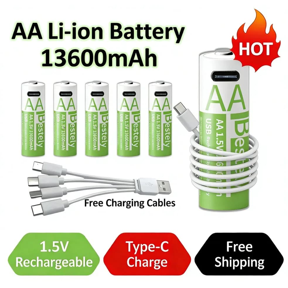 Batterie AA Ricaricabili 13600mAh, 1.5V Li-ion con Cavi di Ricarica USB Type C, Lunga Durata, Bassa Autoscarica