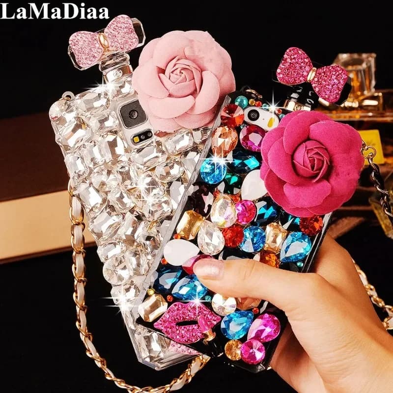 Luxury DIY Diamond Flower Perfume Bottle with Chain Lanyard Case for Samsung Galaxy, S23 Ultra, S22, S24, S25, Note20, Colorful