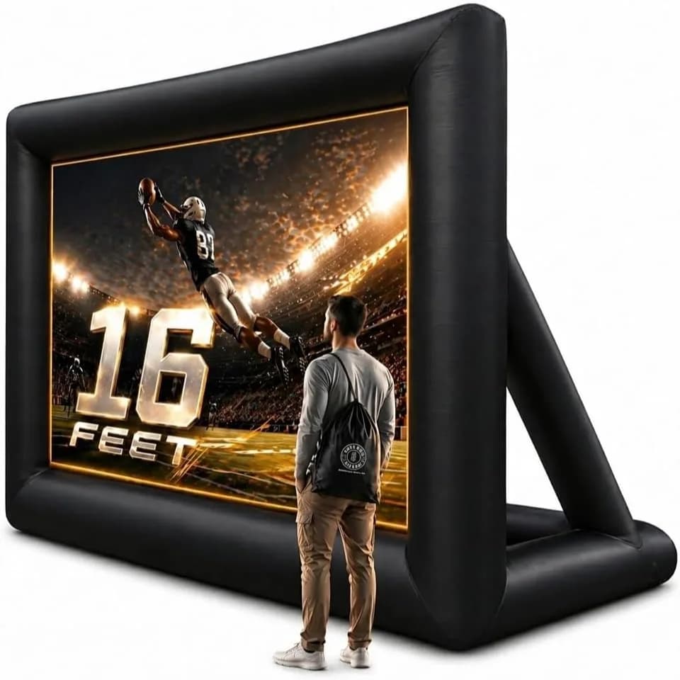 Schermo per Proiettore da Esterno 16 Piedi con Ventilatore Integrato, Supporta Proiezione Frontale e Posteriore, Include Cinghie di Fissaggio e Borsa per il Trasporto