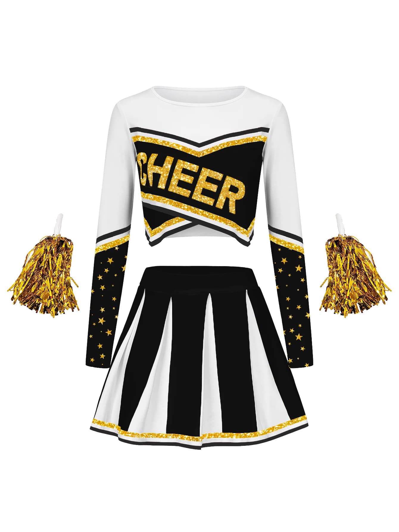 Costume da Cheerleader Dorato Lucido a Maniche Lunghe con Motivo a Stelle, Abbigliamento per Spettacoli e Festival, Abbigliamento Sportivo Casual da Donna