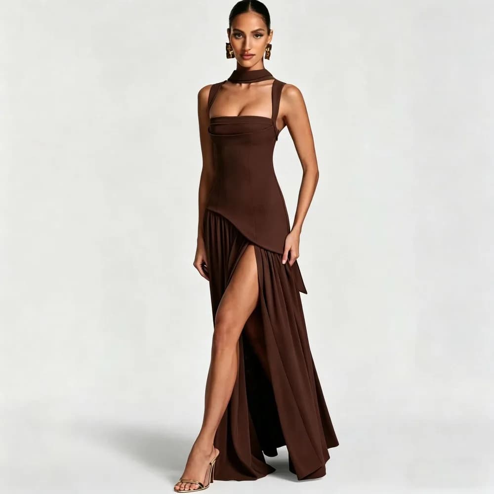 2026 European American Style Womens Scarf Strap Designer Sexy Slit Spliced Waist Cinched Pleated Maxi Swing Dress