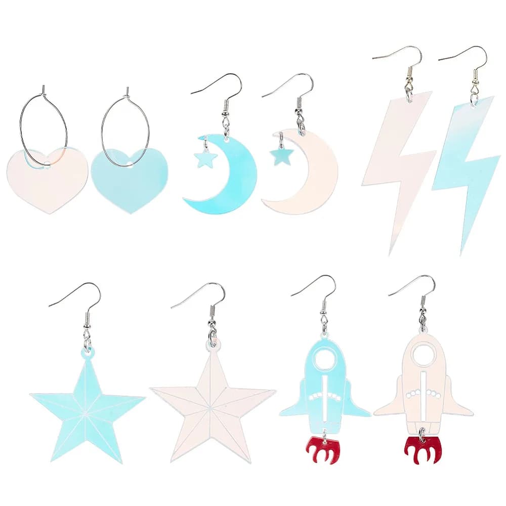 5 Pairs 5 Styles Rainbow Color Acrylic Dangle Earrings with Iron Pins Moon Star Rocket Heart Lightning Colorful 49~87x25.5~49mm