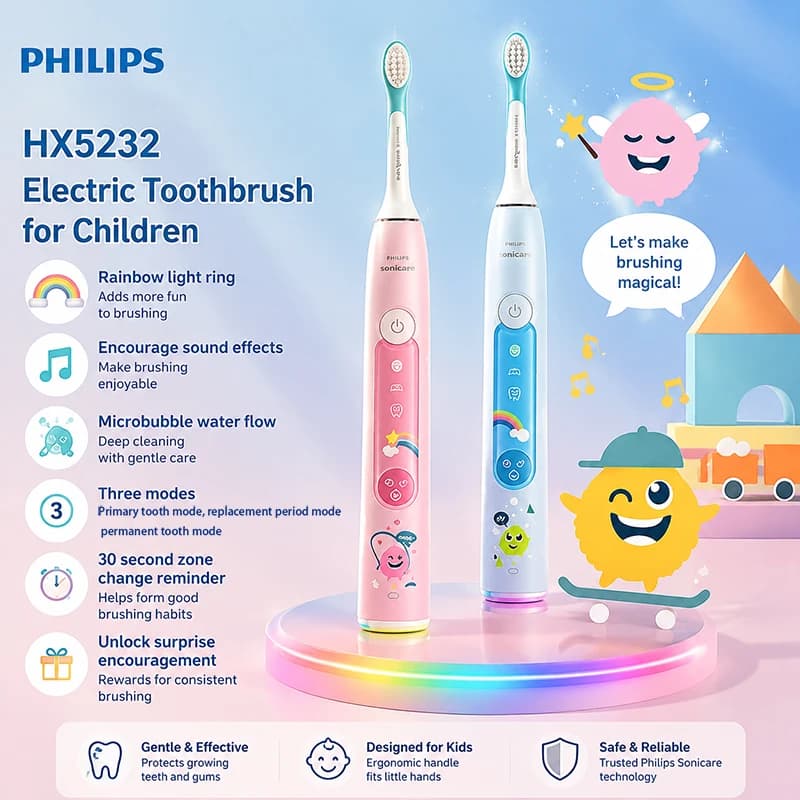 Philips HX5232 Children's Electric Toothbrush Waterproof 3 Modes 2-minute Timed Toothbrush Rechargeable Baby Teeth Available