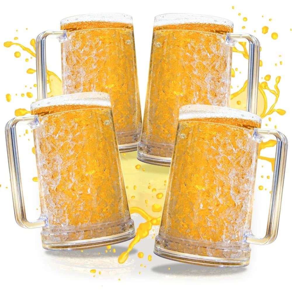 Tazze da birra con congelatore in gel da 16 once, tazze da birra trasparenti a doppia parete con manici, set di 4