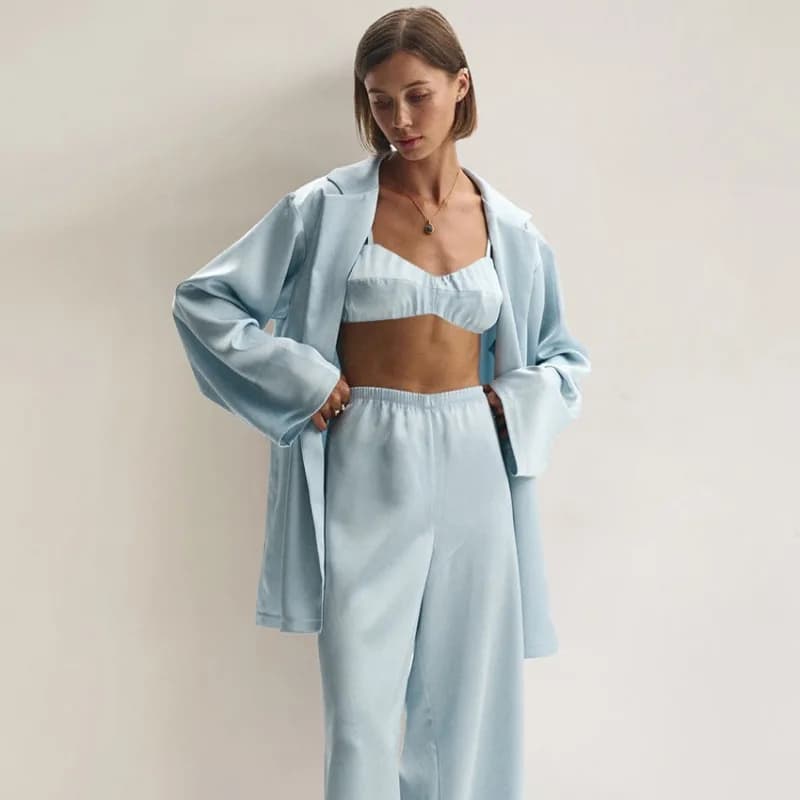 2026 Spring European American Stylish Satin 3 Piece Women's Pajama Set Long Sleeved Underwear Trousers Skin Friendly Lounge Wear