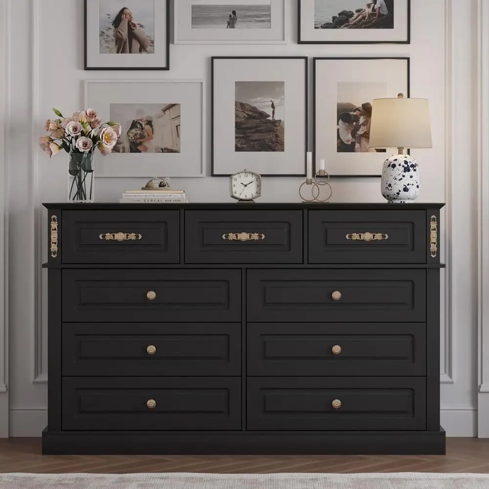 Grande cassettiera in legno a 9 cassetti con maniglie dorate, mobili per camera da letto, organizer alto nero per spazi abitativi