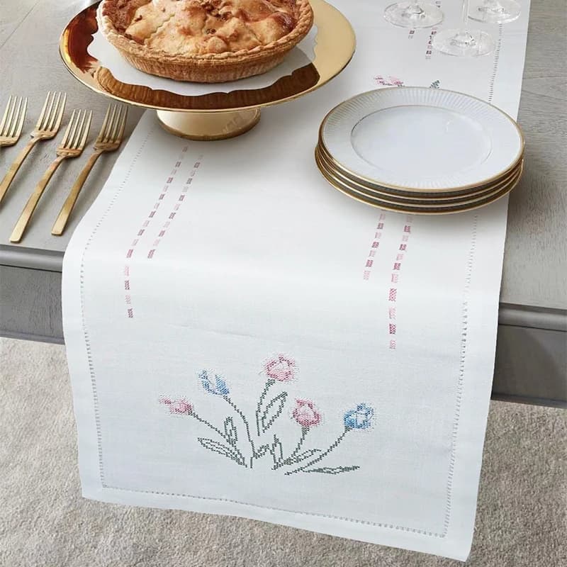 Fresh Cross-stitch Tulip Table Runner/Placemat,Linen Look & Washable,Natural Color 72" 54" 36" Home Airbnb Hotel