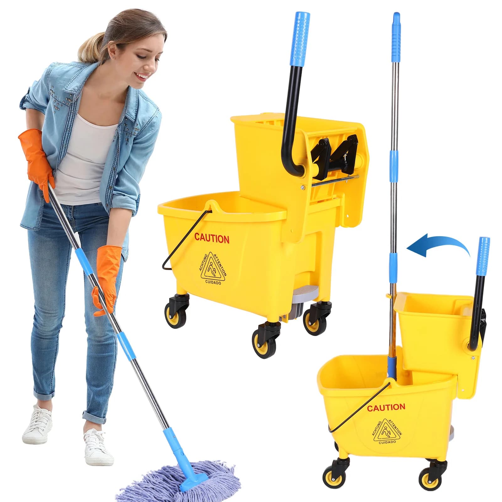 24L Plastic Bucket with Wheels and Wipers, Hotel Cleaning Buckle Resistant to Use, Creative Trolley for Cleaning Floors