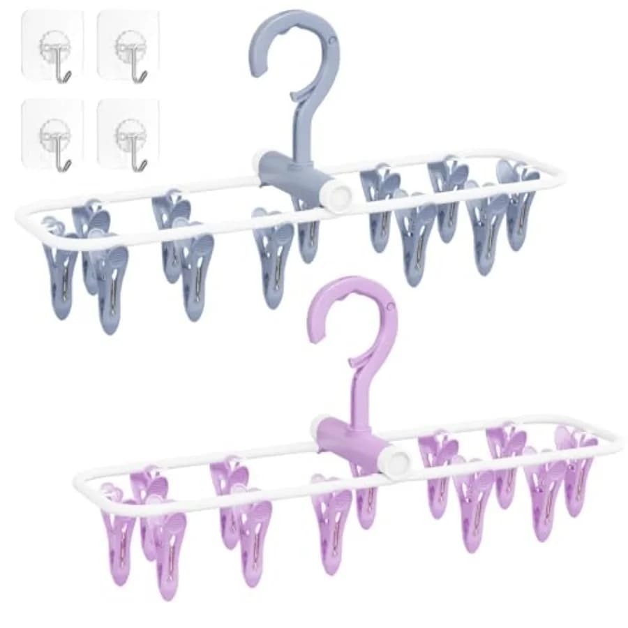 Clothes Drying Hanger with 12 Clips, 2 Pack Folding Portable Hanging Drying Rack, Drip Foldable Hanging Rack, 360 Rotatable Hoo