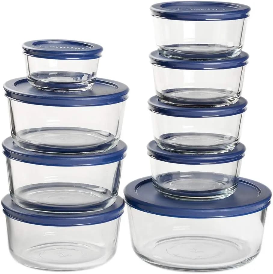Set di 18 Contenitori in Vetro per Alimenti con Coperchi, 9 Contenitori e 9 Coperchi Blu Navy per Preparazione Pasti