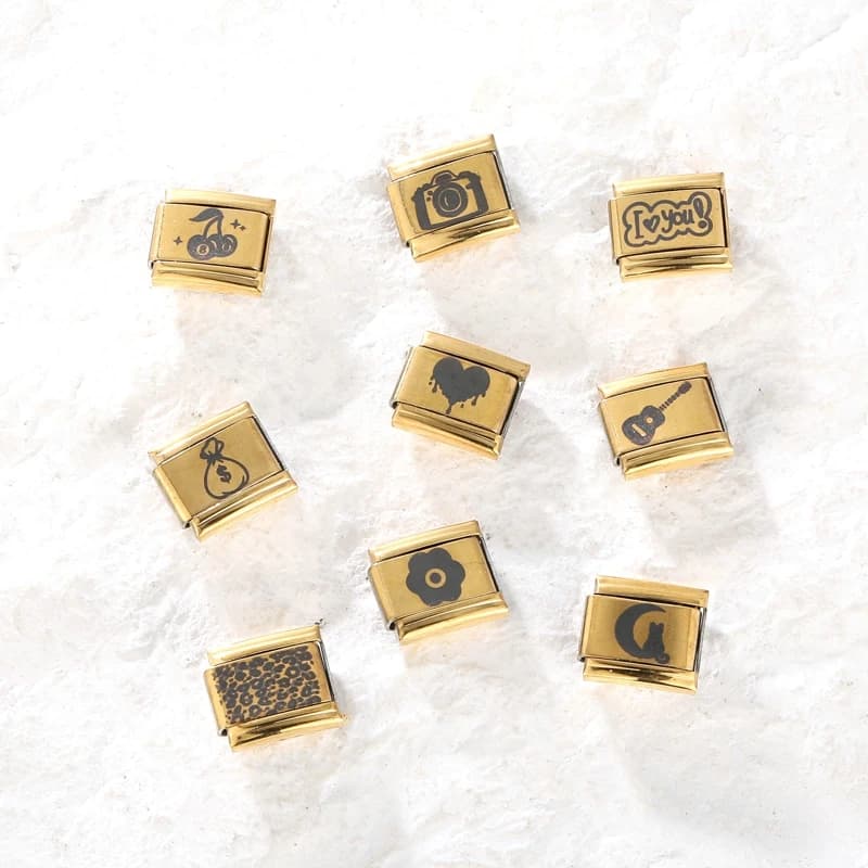 1PC incisione laser cuore ciliegia chitarra leopardo color oro fai da te italiano charm collegamenti adatti braccialetto in acciaio inossidabile da donna da 9 mm