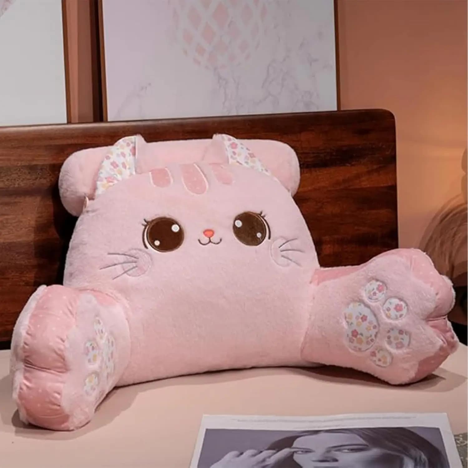 Cuscino di Lettura a Forma di Gattino per Adulti, Morbido Cuscino Lombare Kawaii con Fodera Lavabile per Sedersi a Letto