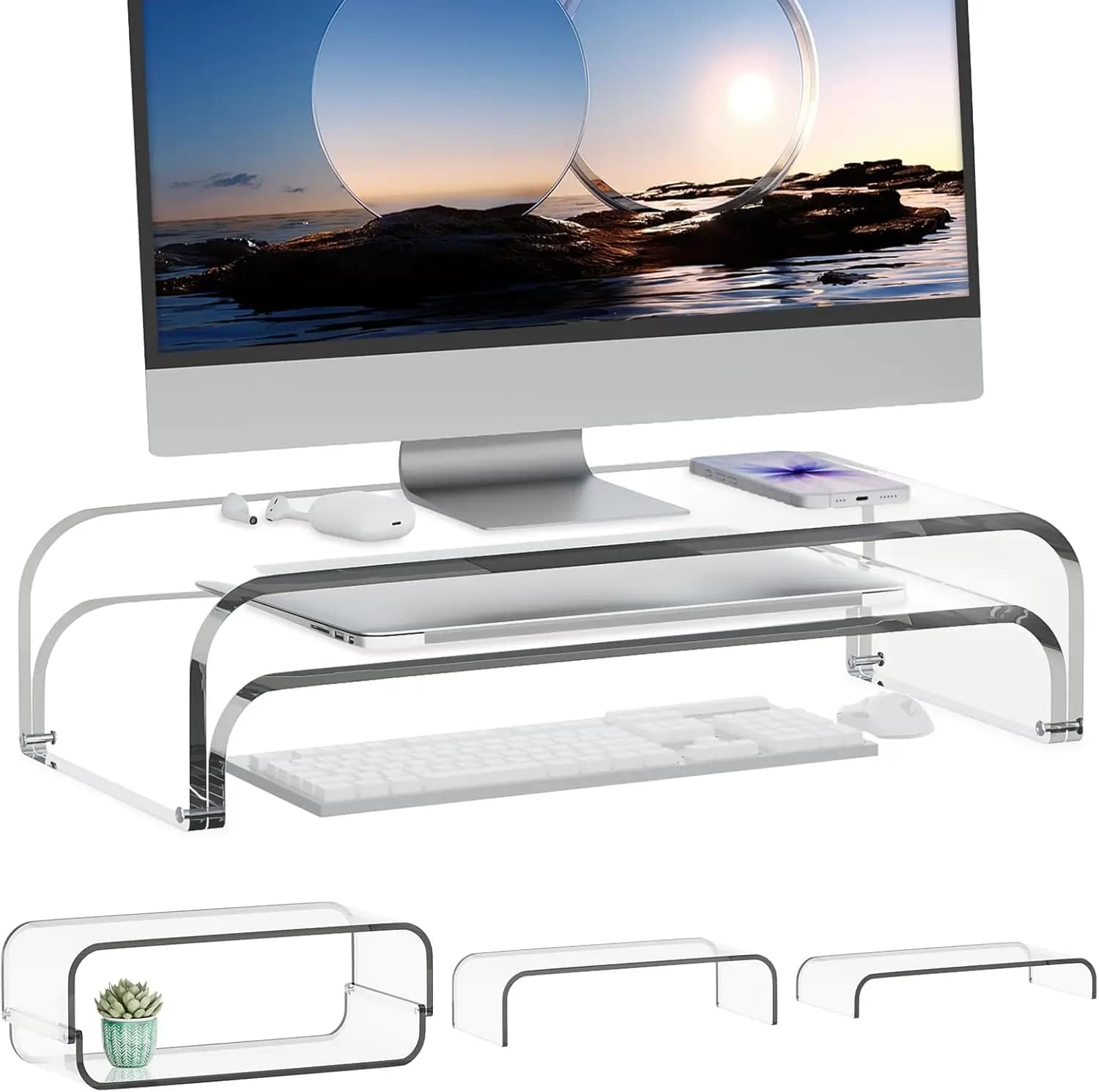 Dual Monitor Support in Transparent Acrylic, Modular Organizer for PC iMac Printer, Stackable shelf for Home Office