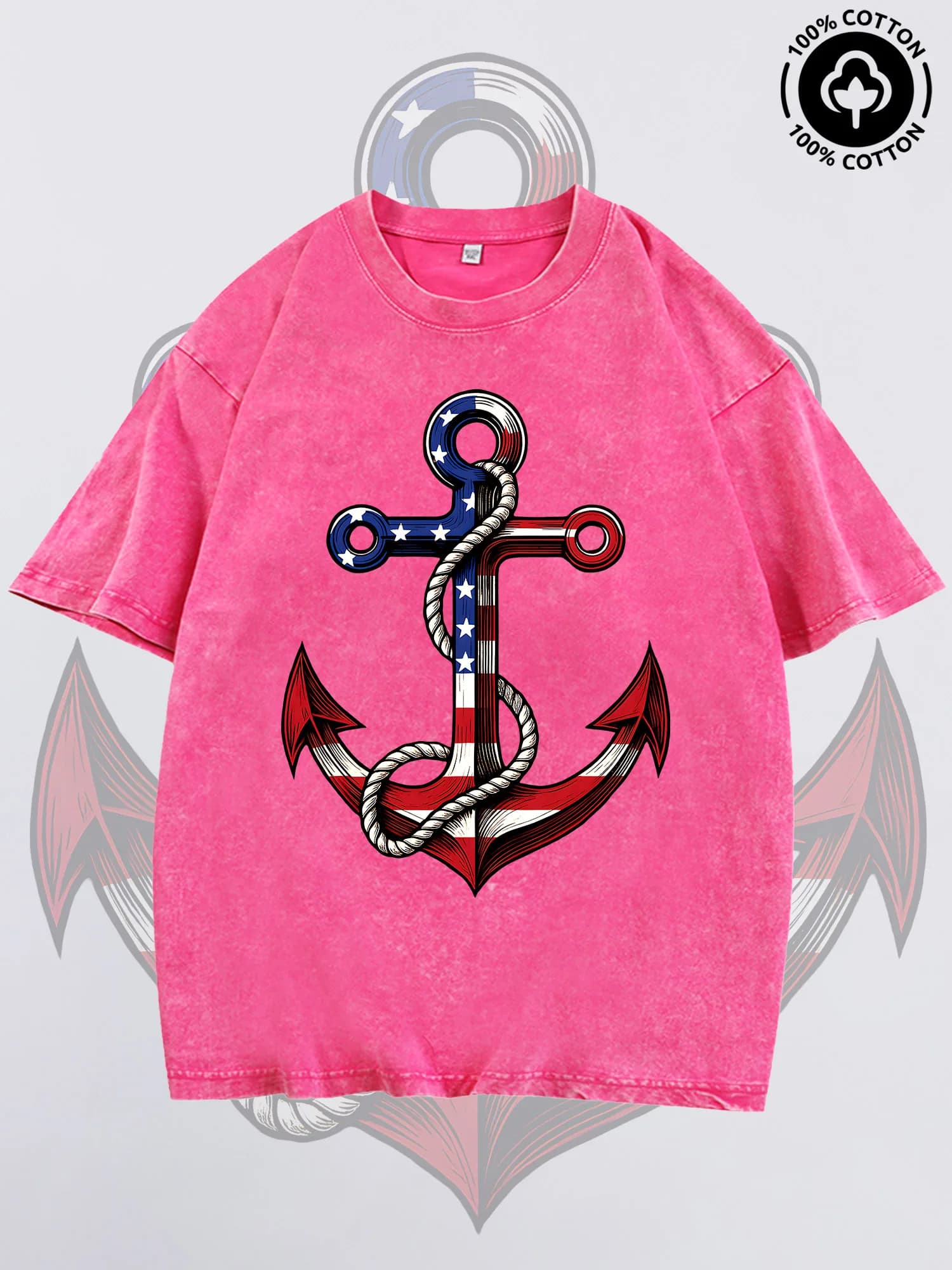 T-shirt grafica da uomo Flag Anchor USA, maglietta rosa vintage in puro cotone, maglietta leggera con spalle scoperte