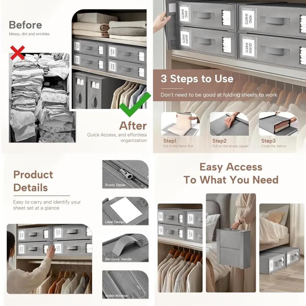 Organizzatori e contenitori per lenzuola, confezione da 6 scatole portaoggetti per armadio in lino ulovibile – Set porta biancheria da letto o lenzuola (dimensioni King/Queen), Du
