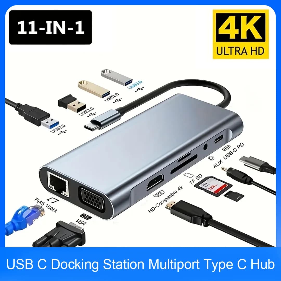 11-in-1 Type-C USB-C Expansion Base, Multi-Port USB-C Hub with Dual HDMI, VGA, PD, Ethernet, 3*USB, Microphone/Audio, SD/TF Card
