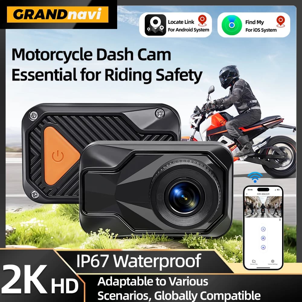 Telecamera DVR Impermeabile per Moto con Doppia Funzione 2K, Supporto Apple Find My e Localizzazione Telefono Android, Connessione WiFi Intelligente