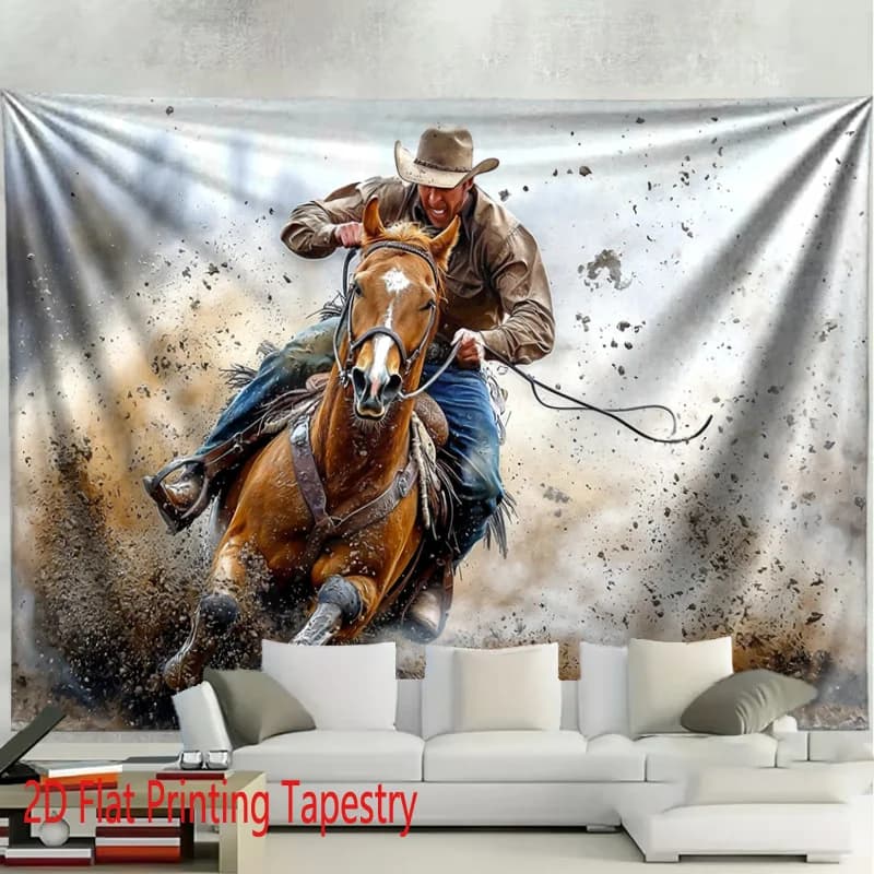 Western Cowboy Horse Tapestry Canvas Wall Decor Art for Living Room Bedroom Rustic Rodeo Style Large Print 180x280cm