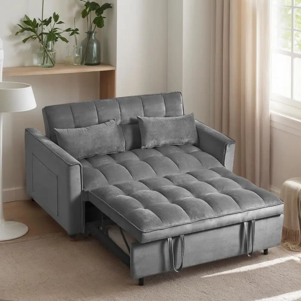 Divano Letto Convertibile, Divano in Velluto 54 Pollici con Reclinabile Estraibile e Cuscini, Ideale per Piccoli Spazi (Grigio Medio)