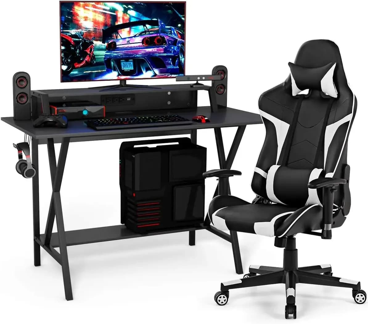 Set of desk and gaming chair, ergonomic desk for e-sport players and set of racing chairs with cup holders, monitor support, ear hook,